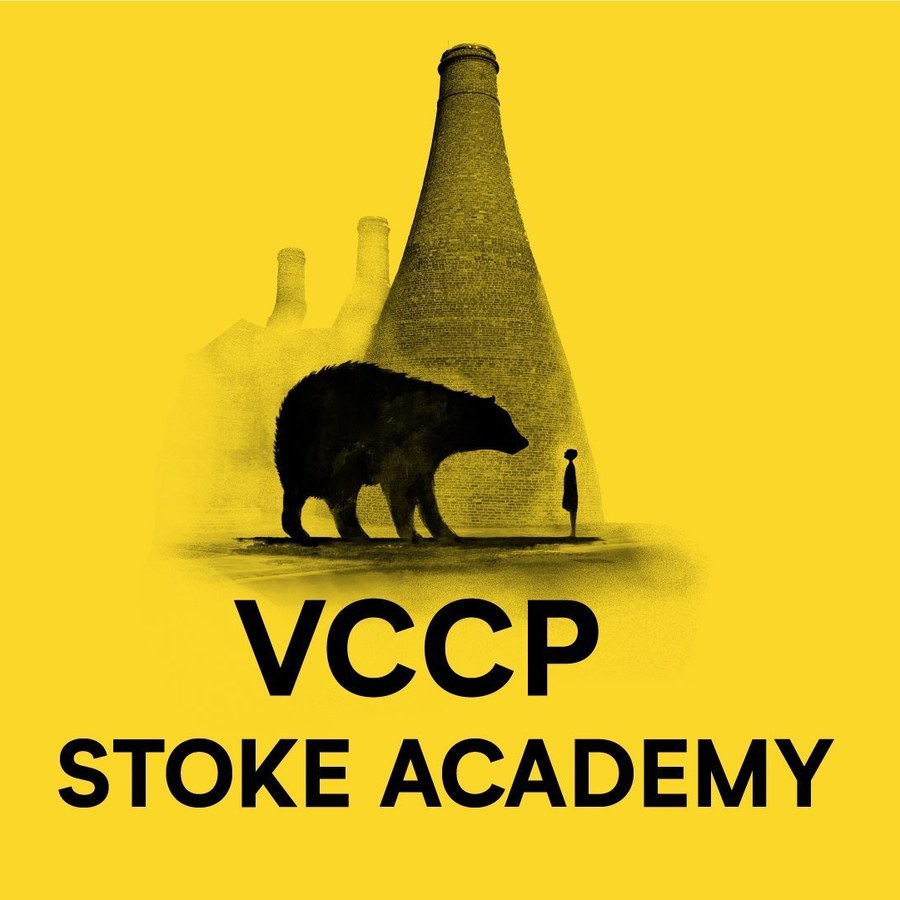 VCCP Stoke Academy artwork: a bear and a child beside a bottle kiln, on yellow